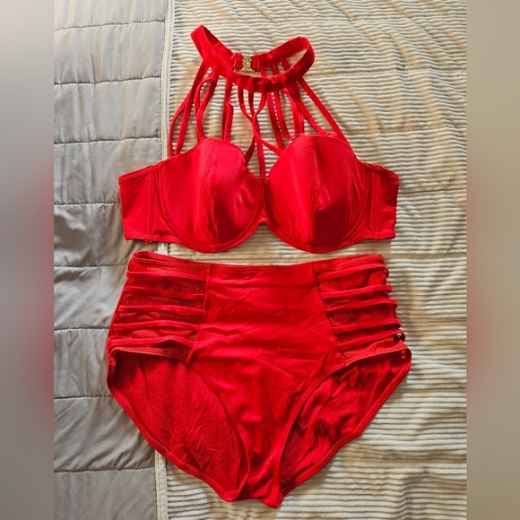 Adore Me Red Strappy Bikini Set 40DD/1XL Bottoms - Picture 3 of 15